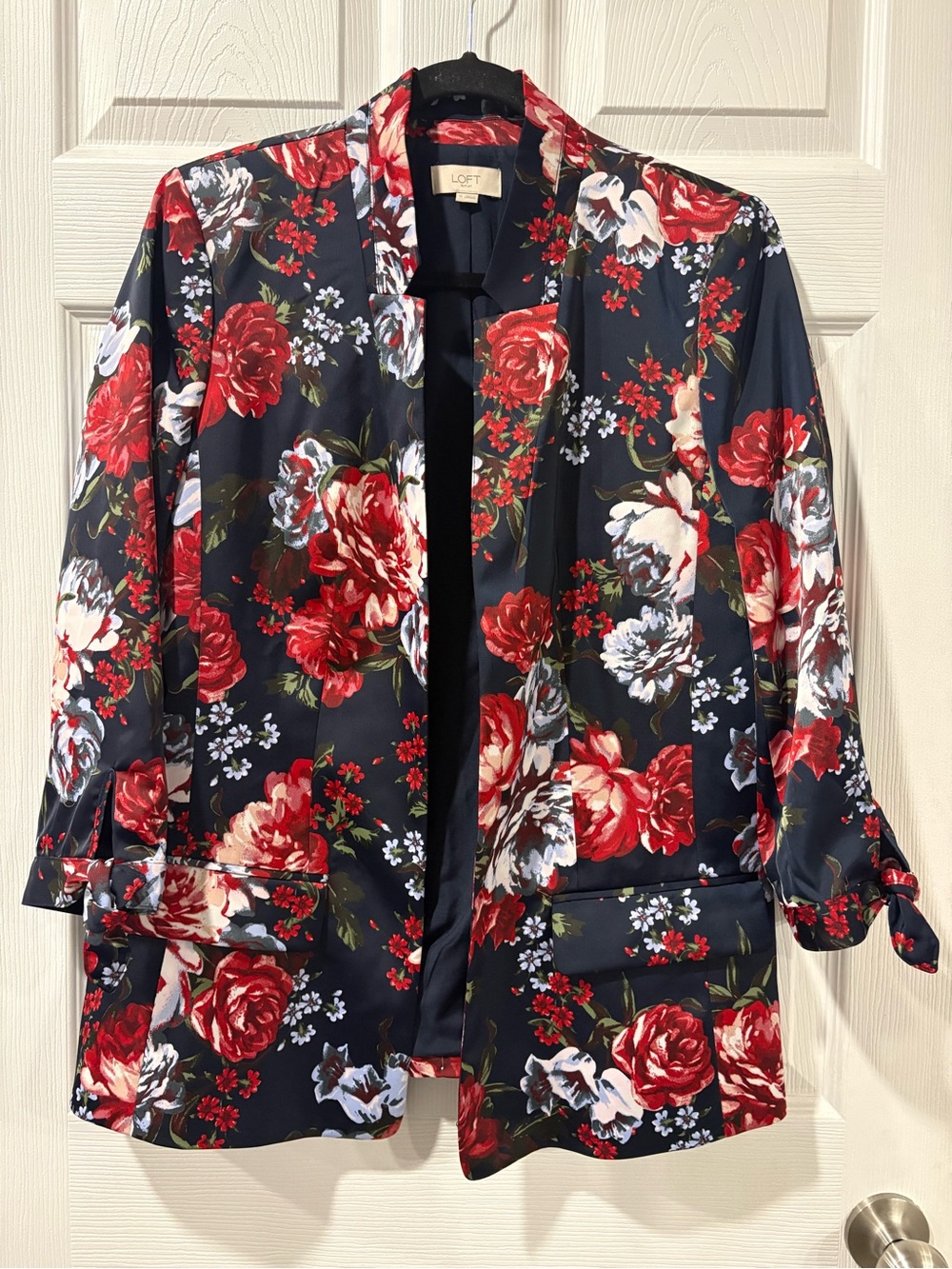 LOFT Navy Floral Open-Front Jacket with Red Rose Print Size Medium